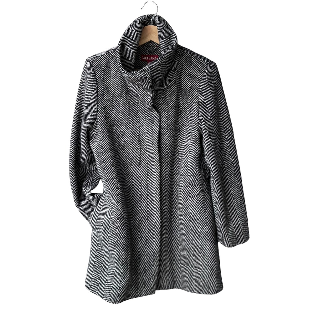 Merona Peacoat Jacket Herringbone Funnel Neck Black White Wool Blend Size Medium